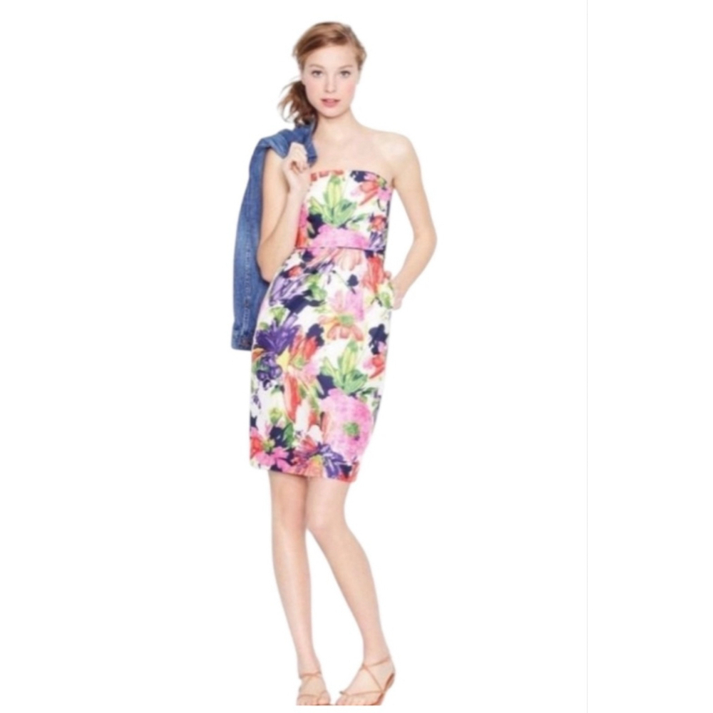 J. Crew Ella Strapless Floral Silk Dress Pockets wedding guest Size 2